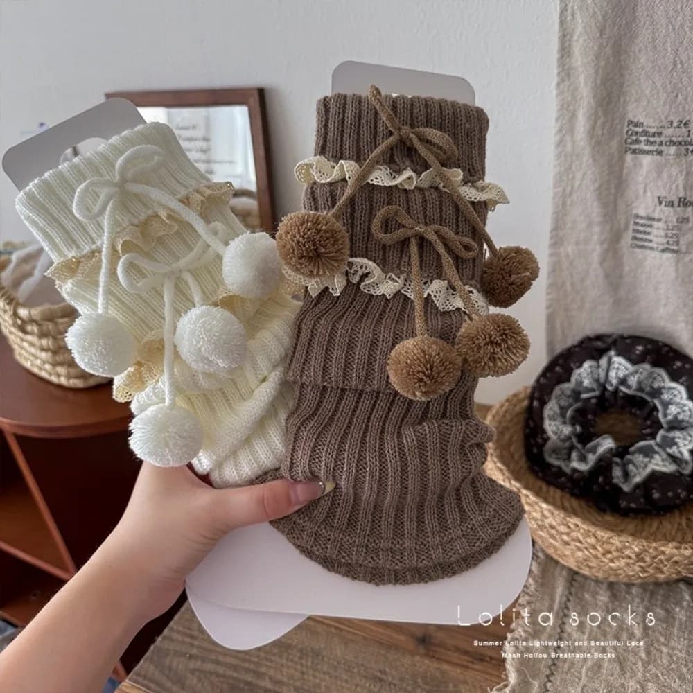 New Warmers Solid Color Thickened Lolita Sock Half Pulp Knitted Pompon Socks Autumn and Winter