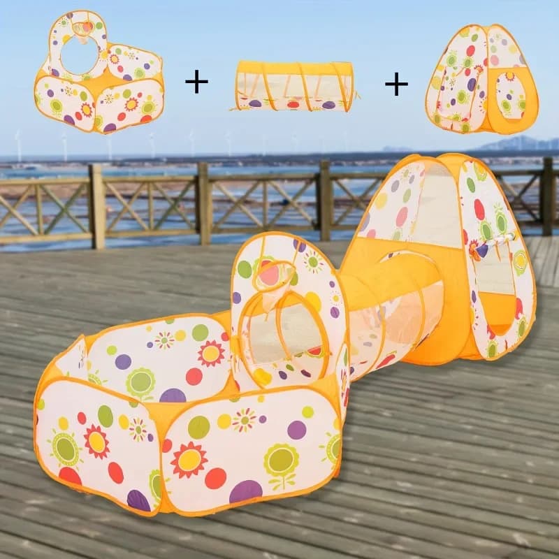 Tenda Gioco Pieghevole 3-in-1 Pop-Up con Tunnel, Fortino per Bambini, Piscina di Palline e Canestro da Basket - Attrezzatura Portatile per Gioco e Campeggio Indoor