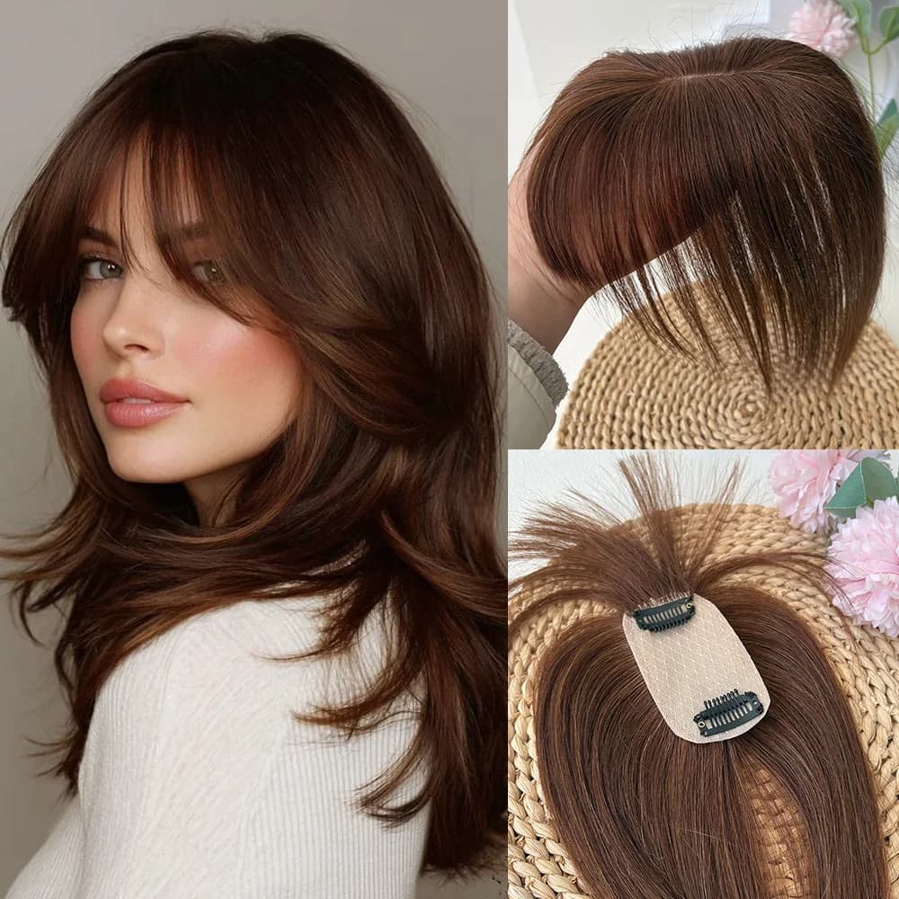 Extension for human hair clip, smooth, for woman, 5 cm x 9 cm, with fringe, black, brown, natural blond.