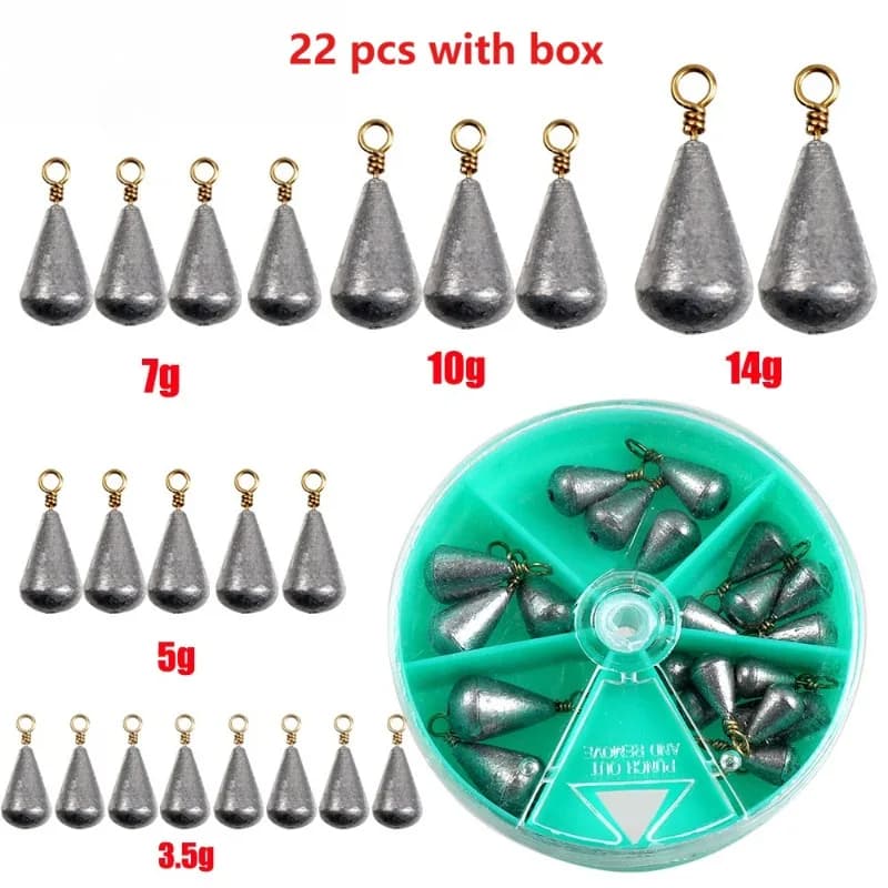 Set di 22 Piombi da Pesca con Scatola, Pesi 3.5g/5g/7g/10g/14g, Piombi a Campana con Girelle in Ottone, Attrezzatura da Pesca