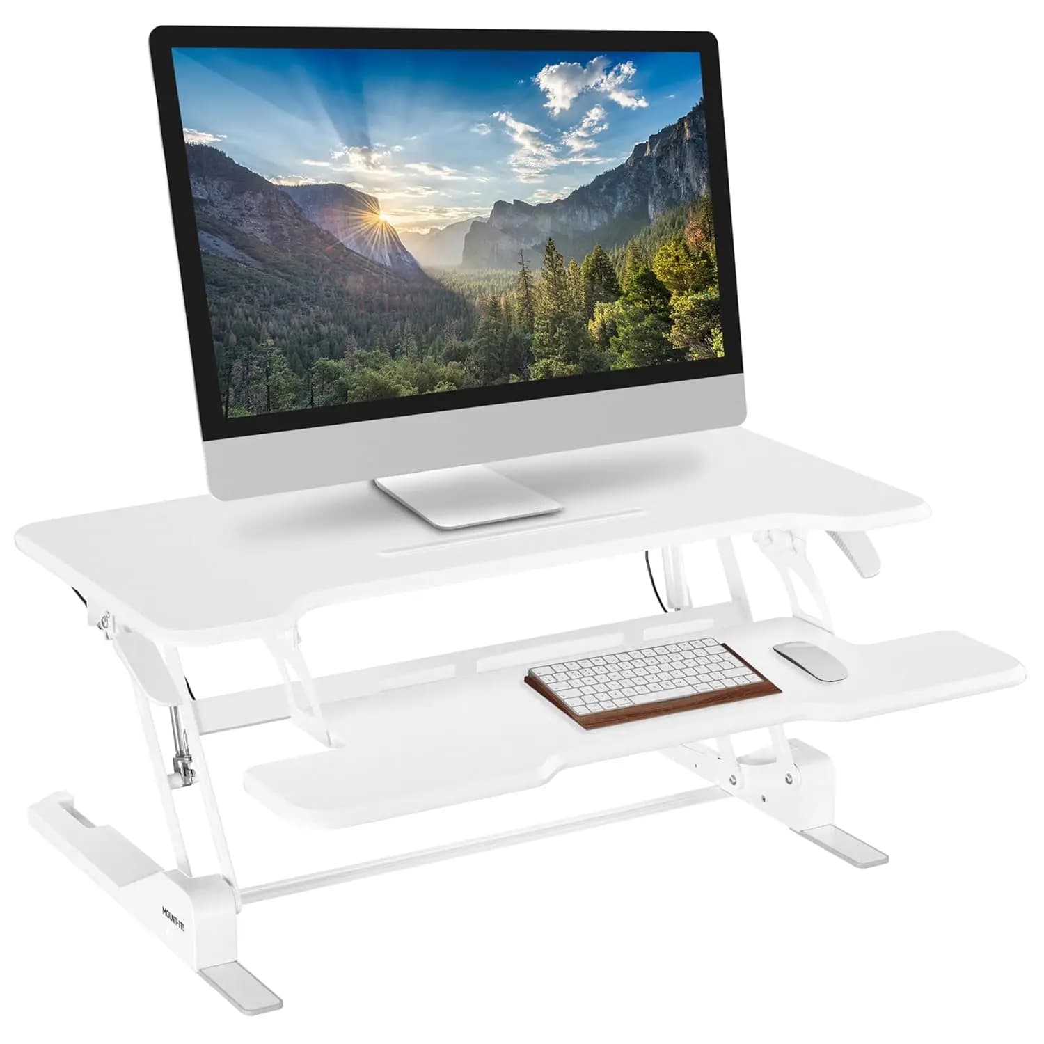 Adjustable Desk Converter in White Height 38 Inches with Gas Spring and Tasting Tray, Workplace for Double Monitor, Customizable