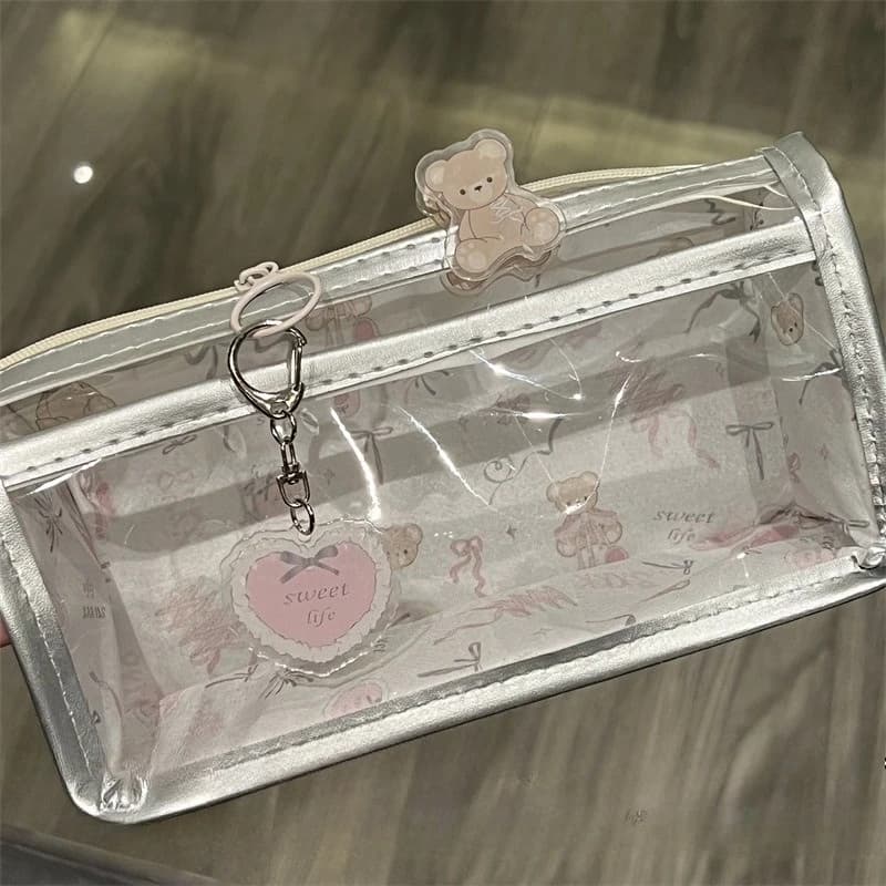 Astuccio per matite a doppio strato con orso da balletto rosa, borsa per trucco trasparente estetica stile Ins per la scuola, organizer per cancelleria per ragazze carine con cerniera