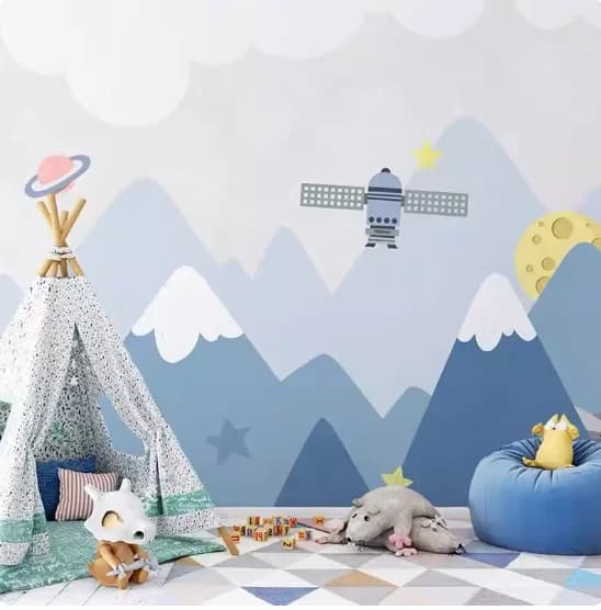 Murale personalizzato in stile cartone animato nordico con razzo spaziale, ragazzo e ragazza, per la cameretta dei bambini, carta da parati per parete di fondo in stile cartone animato