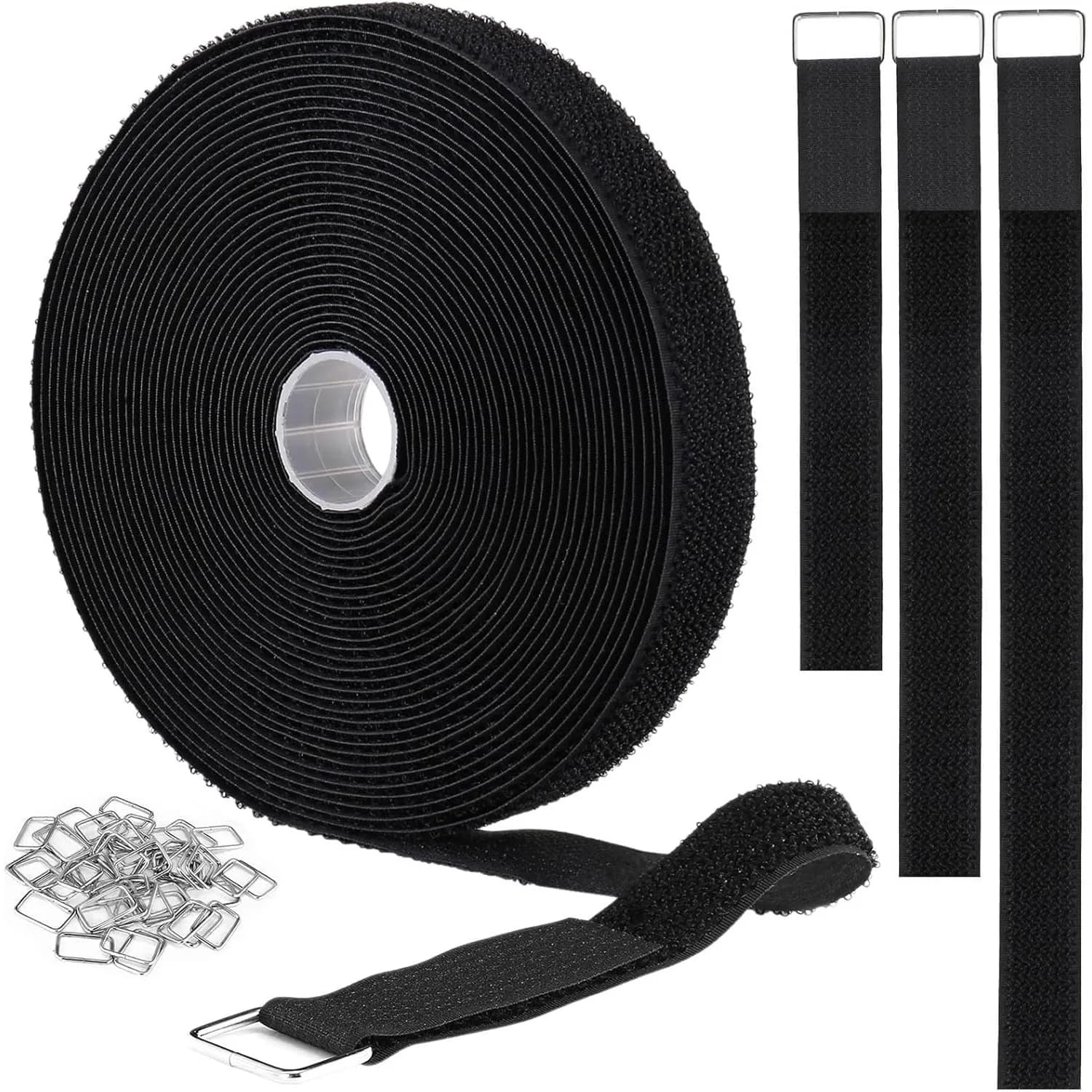 Cinghie con Chiusura a Strappo e Fibbie Metalliche, Regolabili, per Fissaggio Cavi, Tagliabili su Misura, in Nylon