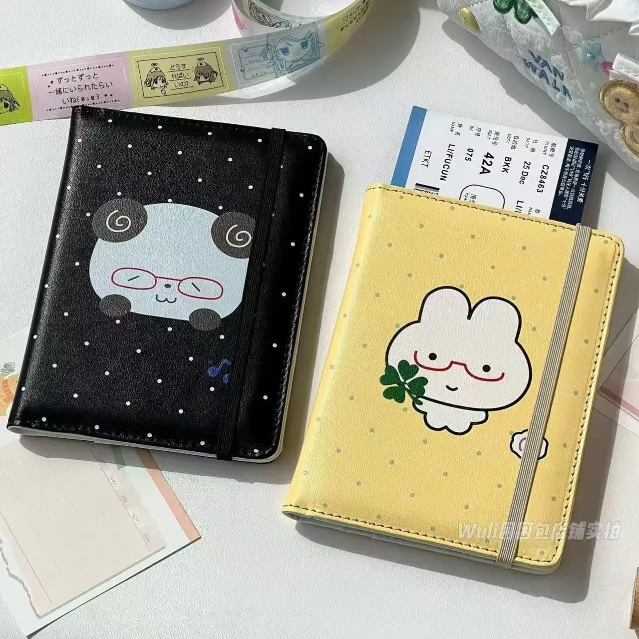 Clip per passaporto in pelle di coniglio a pois Confezione di carte multifunzione Borsa per documenti portatile per biglietti da viaggio in stile giapponese