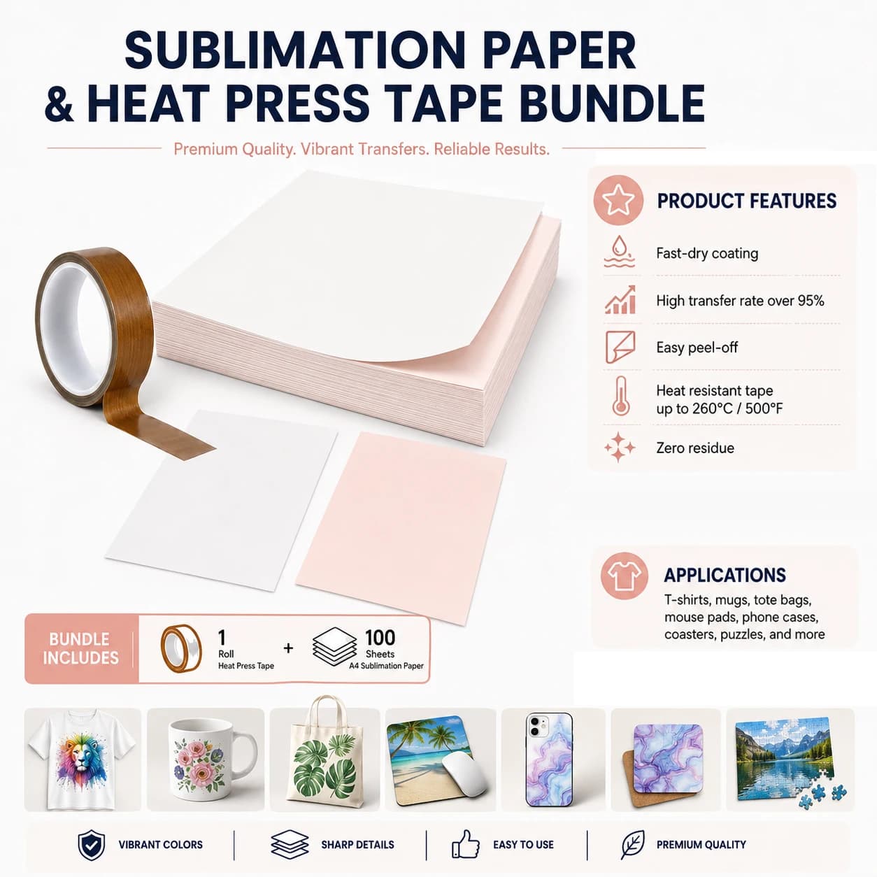 25/100/150Pcs A4 Sublimation Paper , Heat Transfer Paper for Mug T-Shirt DIY, Include 10mmx10m Heat Press Tape for Inkjet Printe