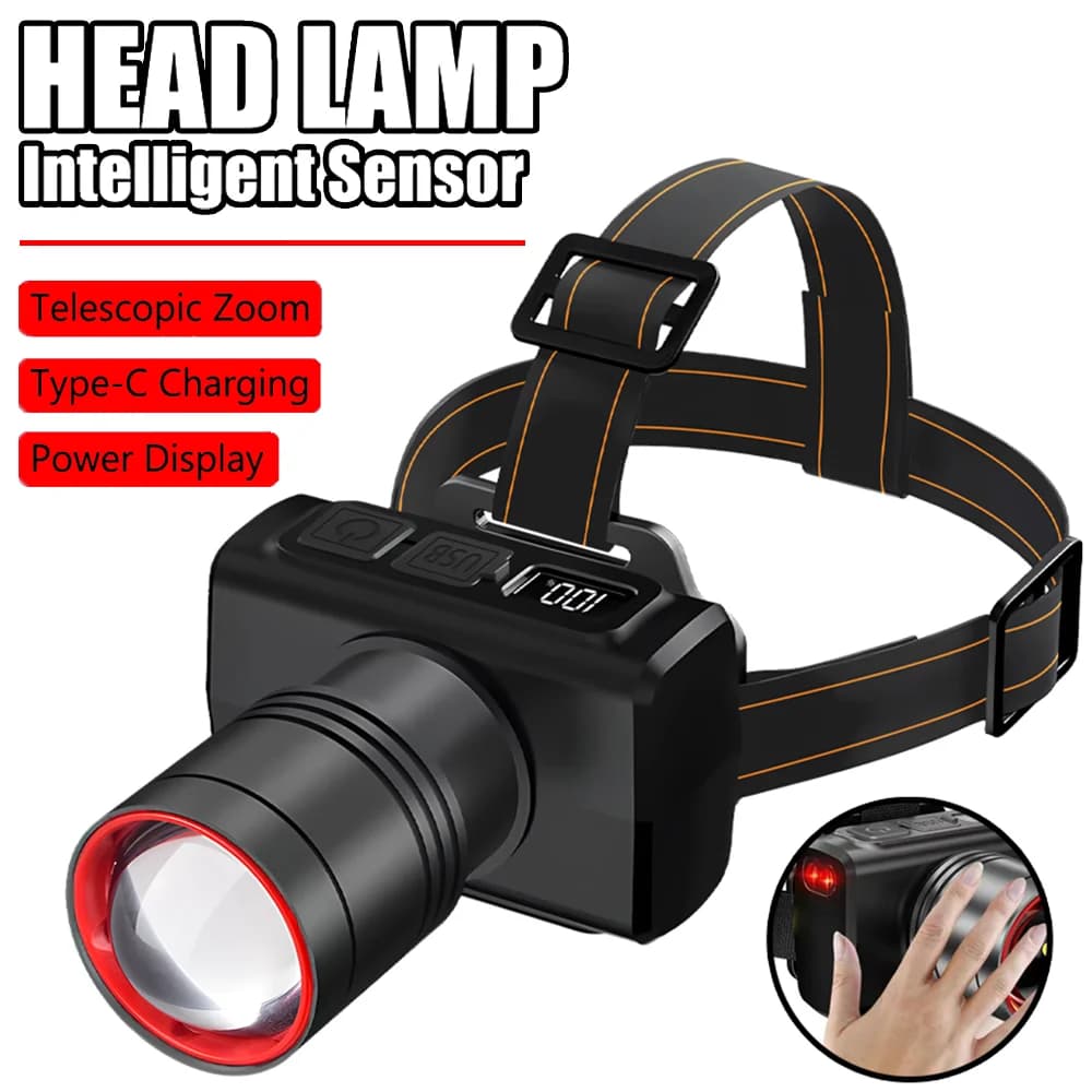 KDULIT Lampada frontale a LED a induzione Lampada zoomabile ricaricabile tramite USB Potente luce frontale per emergenza caccia pesca notturna all'aperto