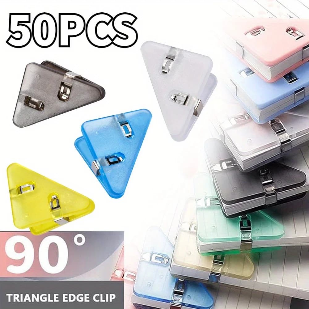 50PC Triangolo Clip Bill Clip Libro Scaffale da scrivania in carta Organizzatore da tavolo per ufficio Porta pagine colorato solido trasparente
