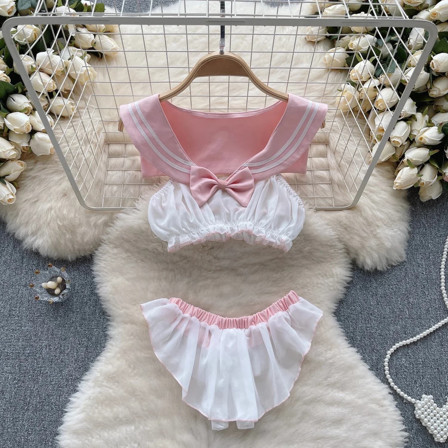 Sweet and cute pink dress without sleeves with volant Top Short Thin Set of 2 Pieces Role Game Sexy girl pajamas Miniskirt with casual elastic waist pleats