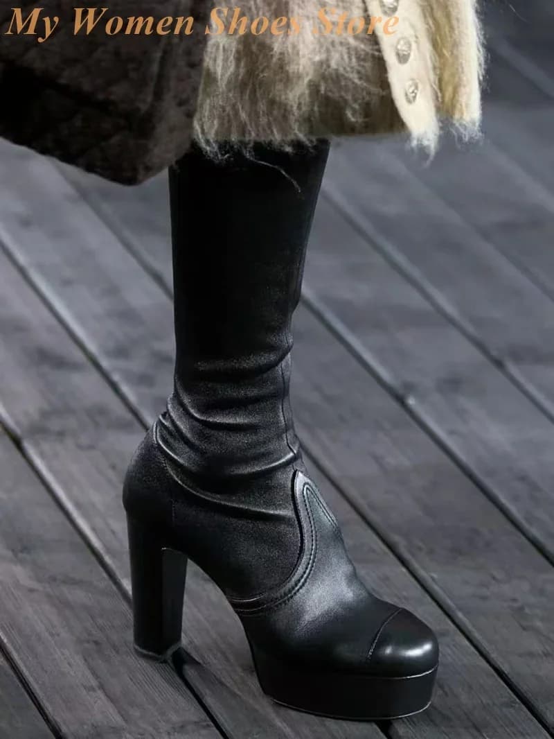 Slim boots with plateau and wide heel Round toe Hand-made suede with zipper Women's sleek autumn winter shoes Big heel New arrivals