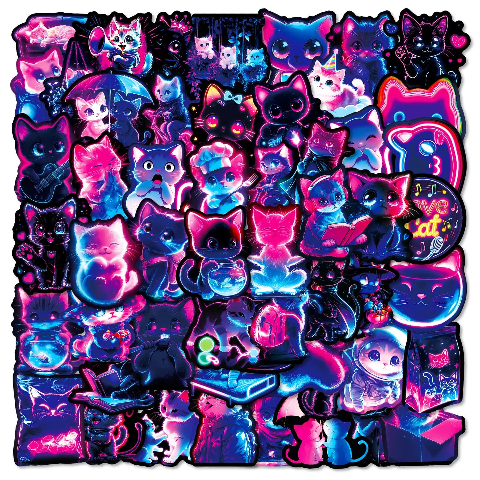 56 pezzi adesivi graffiti gatto al neon fantastici luci colorate adesivi decorativi per skateboard gatto cartone animato per notebook stazionario