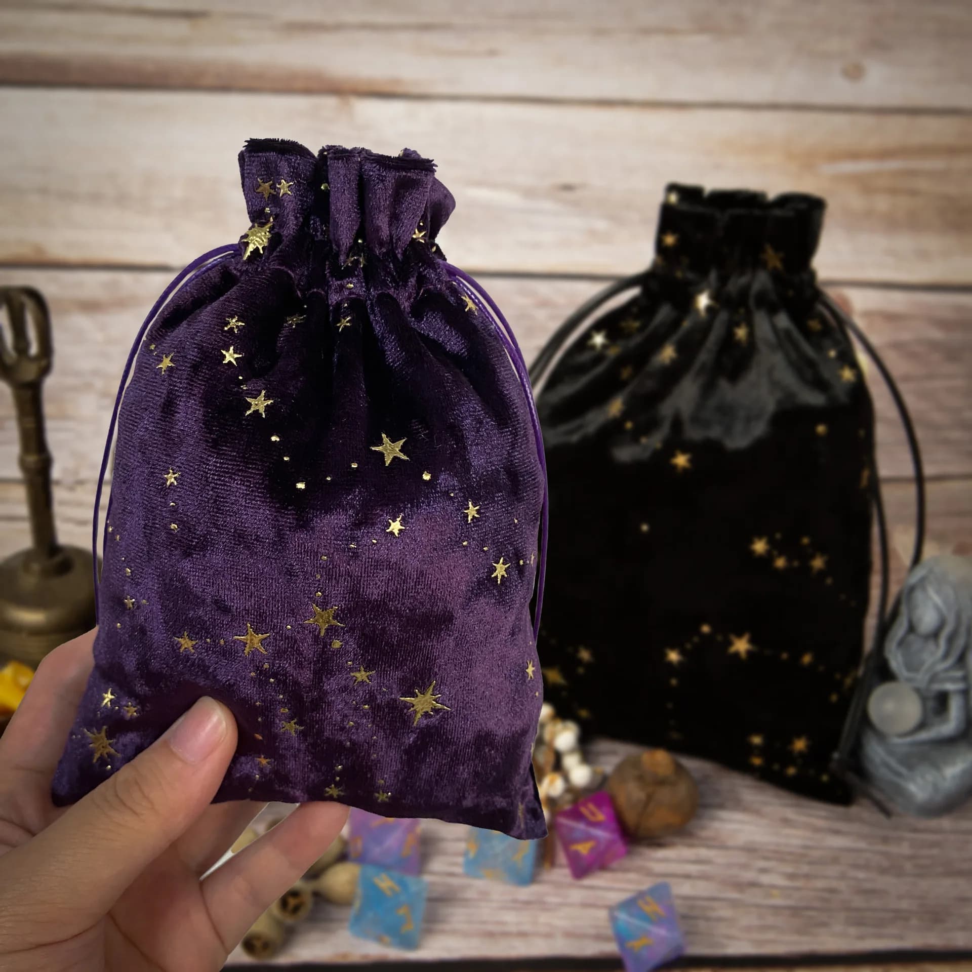 Borsa per gioielli in cristallo di velluto per donna Custodia per tarocchi stampata con stelle Rune Dice Tarocchi Borsa per carte Oracle Custodia per uso multiplo