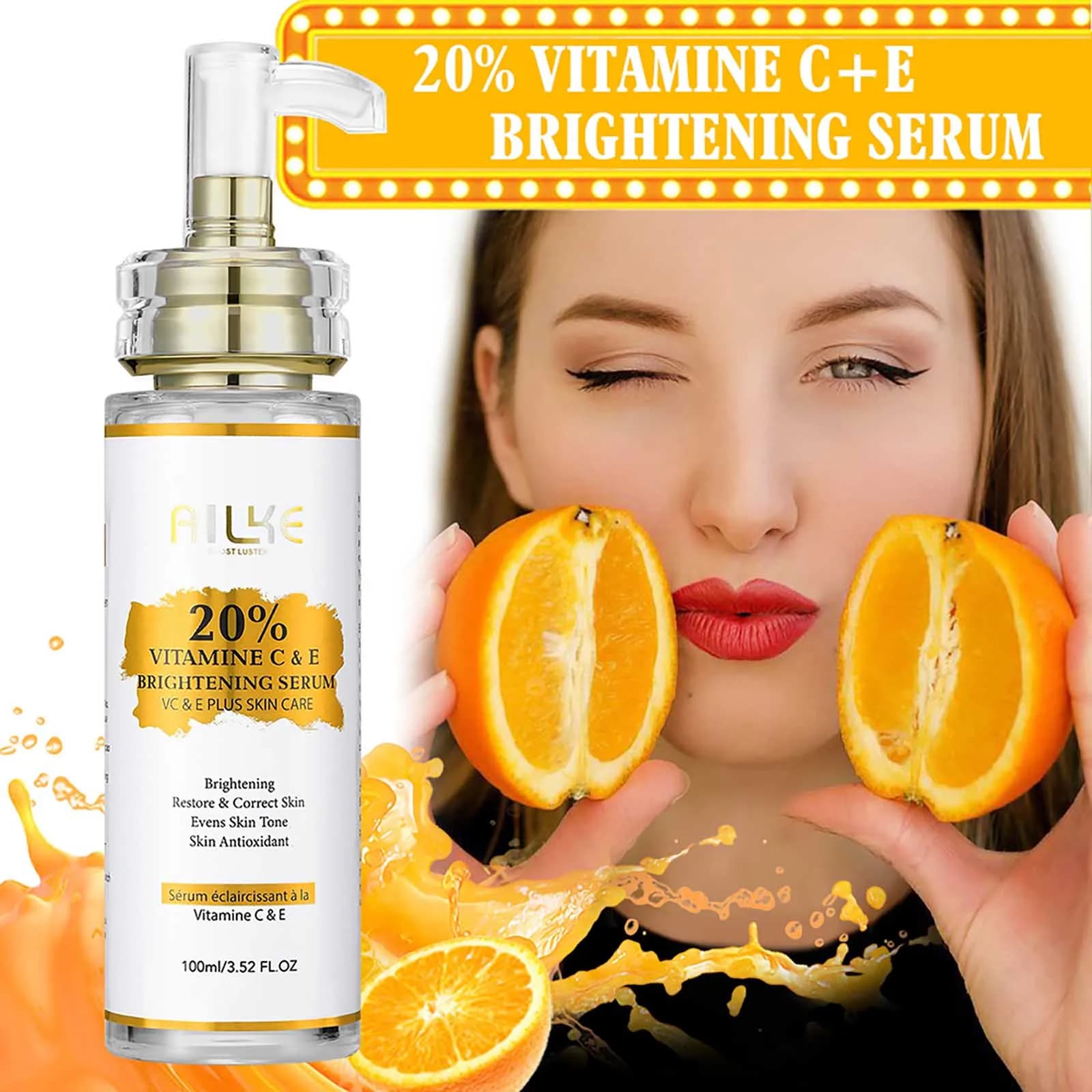 AILKE Concentrated serum super brightening to vitamin C and E, whitening, moisturizing, clean skin, reduces dark spots, 100 ml/3,52 oz