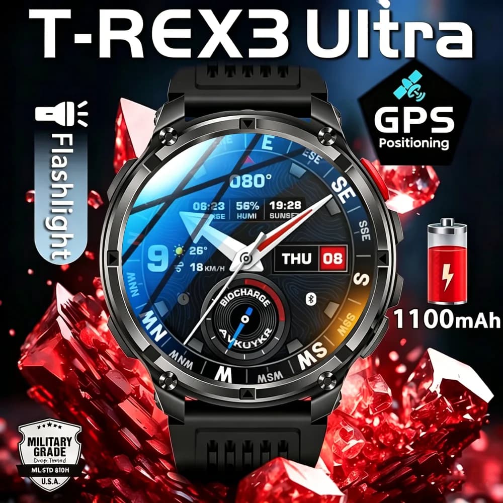 Smartwatch 2026 T-Rex3 Ultra con Batteria da 1100mAh, 170+ Modalità Sportive, Torcia LED, Impermeabilità IP68, Chiamate Bluetooth, Tracciamento GPS e Bussola