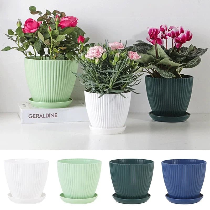 Round succulent vase with plastic flower pot tray vertical striped flowers Bonsai double layer Home Office Desktop Decor