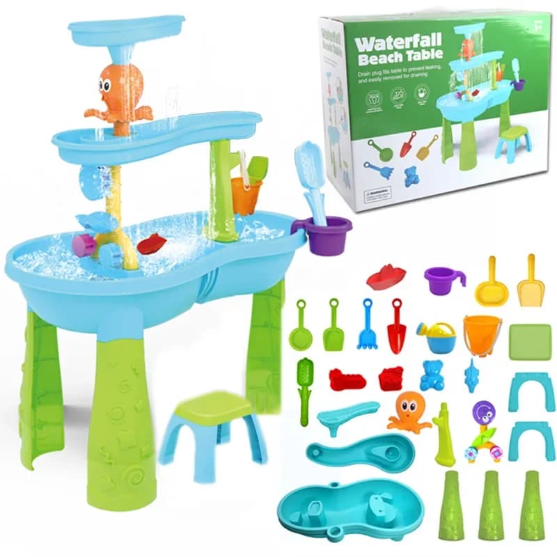 Tavolo da acqua da spiaggia per bambini Giocattoli di sabbia estivi Gioco d'acqua all'aperto a tre livelli Tavolo da cascata Strumenti per pala da sabbia al mare Regali per bambini