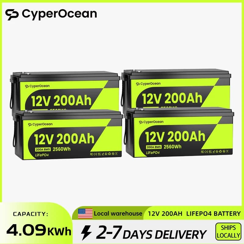 CyperOcean 200Ah Lifepo4 Battery 12V 4 Packs Solar Lithium Iron Phosphate Battery Rechargeable 200A BMS Grade A 15000+ Cycles