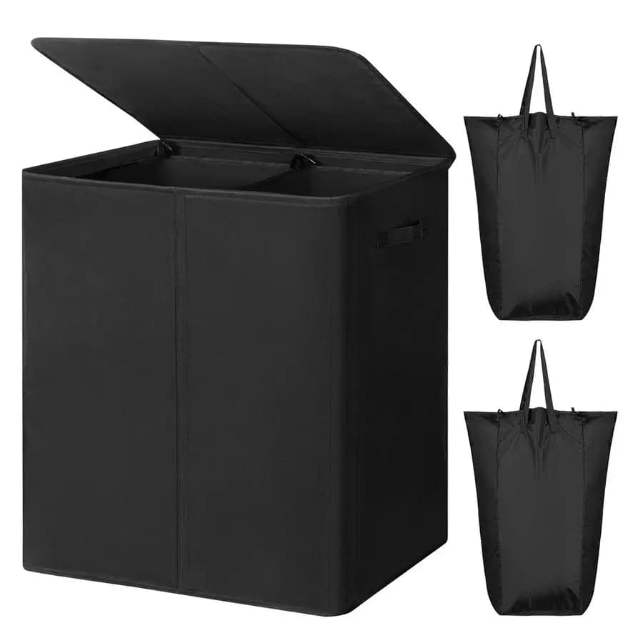 180 litre double whiteboard with lid and removable linen bags, large basket for dirty linen with 2 sections, folding basket.
