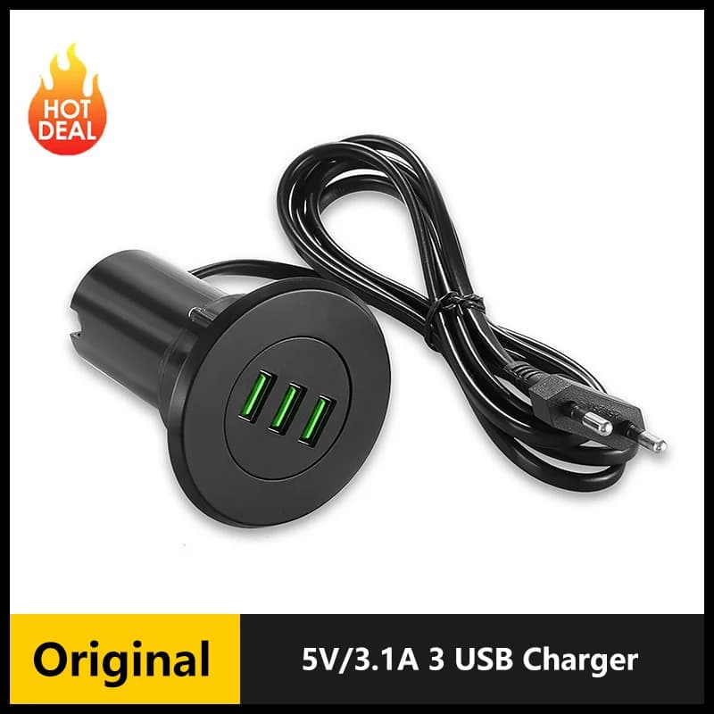 Adattatore portatile per caricabatterie USB con foro da tavolo per caricabatterie USB a ricarica rapida 5V/3.1A 3 con spina europea per iPhone per Samsung 2023 Novità