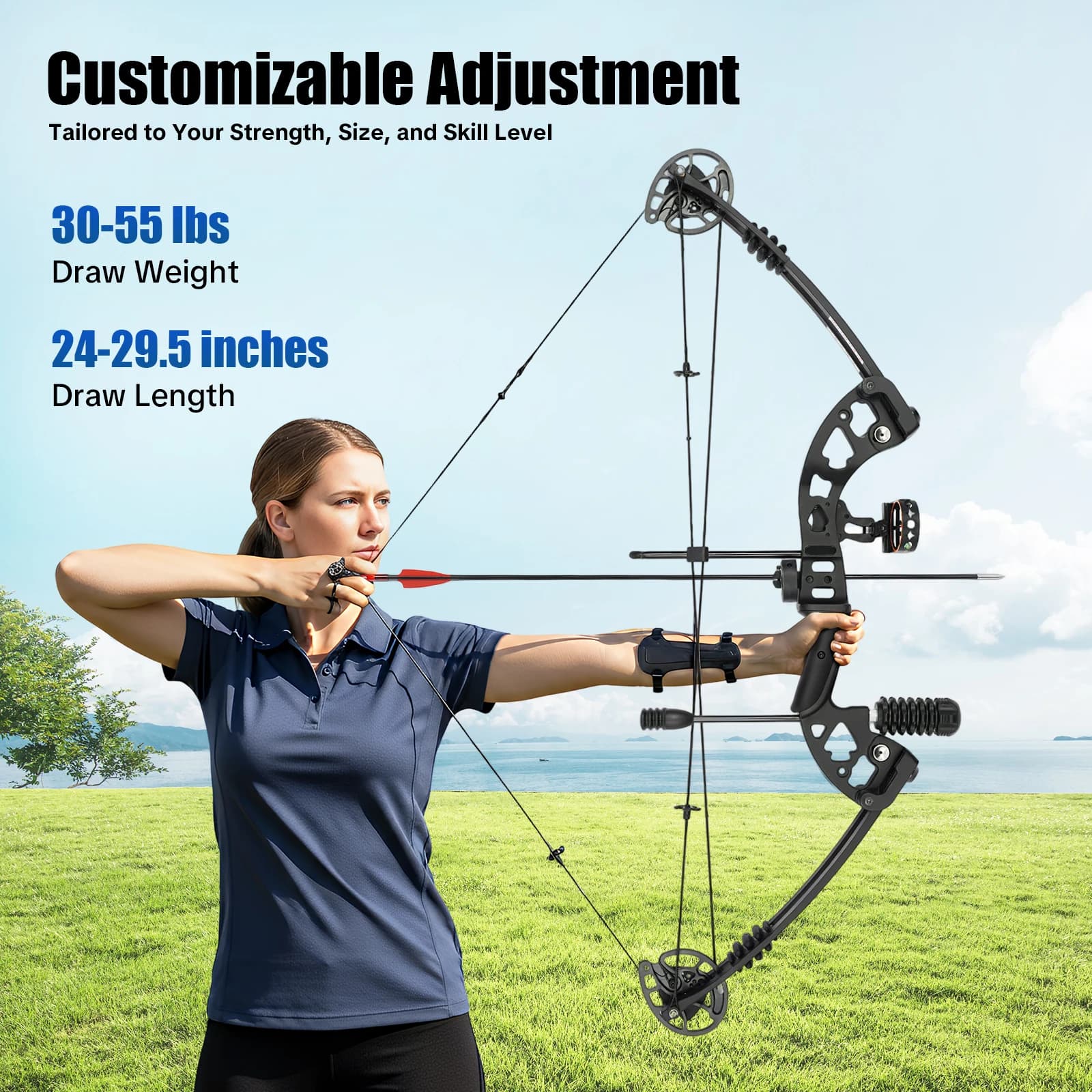 Set Arco Compound 30-55 libbre, Lunghezza di Tiro Regolabile 24-29.5 pollici per Adulti Mano Destra, con Mirino a 3 Pin, per Tiro con l'Arco e Caccia, con 12 Frecce