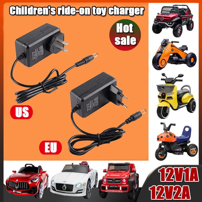 Caricabatterie per Auto Elettrica per Bambini 12V1A 2A con Spina EU/US e Indicatore Luminoso, Adattatore di Alimentazione per Auto Giocattolo Cavalcabile