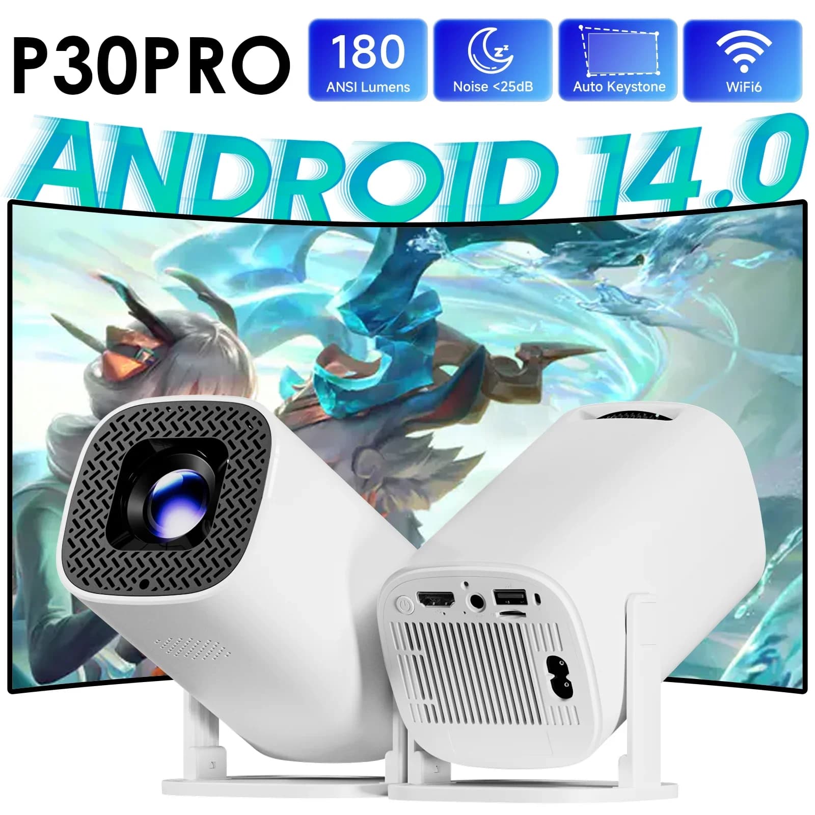 Mini Proiettore Smart P30 Pro Android 14 WiFi6 BT 5.0 Portatile 4K 1280 X 720P Video Home Theater Intelligente Proiettore Portatile per Esterni