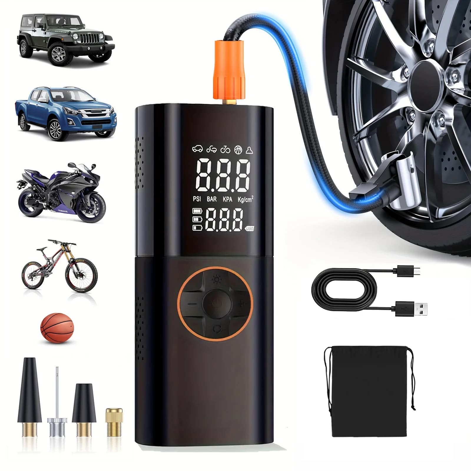 Portable Air Compressor for Pneumatic Inflating, Air Pump for Car Tires with LED Lights and Pressure Gauge for Car, Motorcycles, Bicycles, Balls
