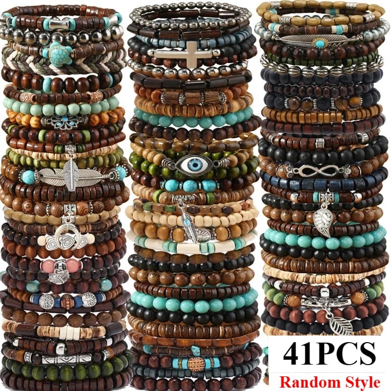 41PCS Natural Wood Elastic Beaded Bracelet Set for Men Women Wrap Bracelets Hemp Cords Wood Beads Ethnic Tribal Bracelets