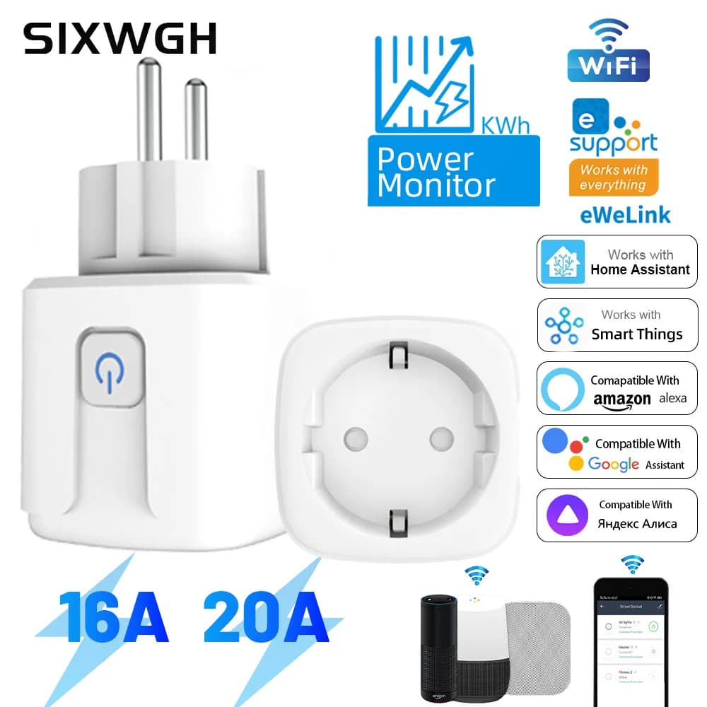 SIXWGH Wifi Smart Socket 16A EU Temporizzatore di controllo remoto Monitoraggio dell'alimentazione Assistente vocale per Google Home Alexa