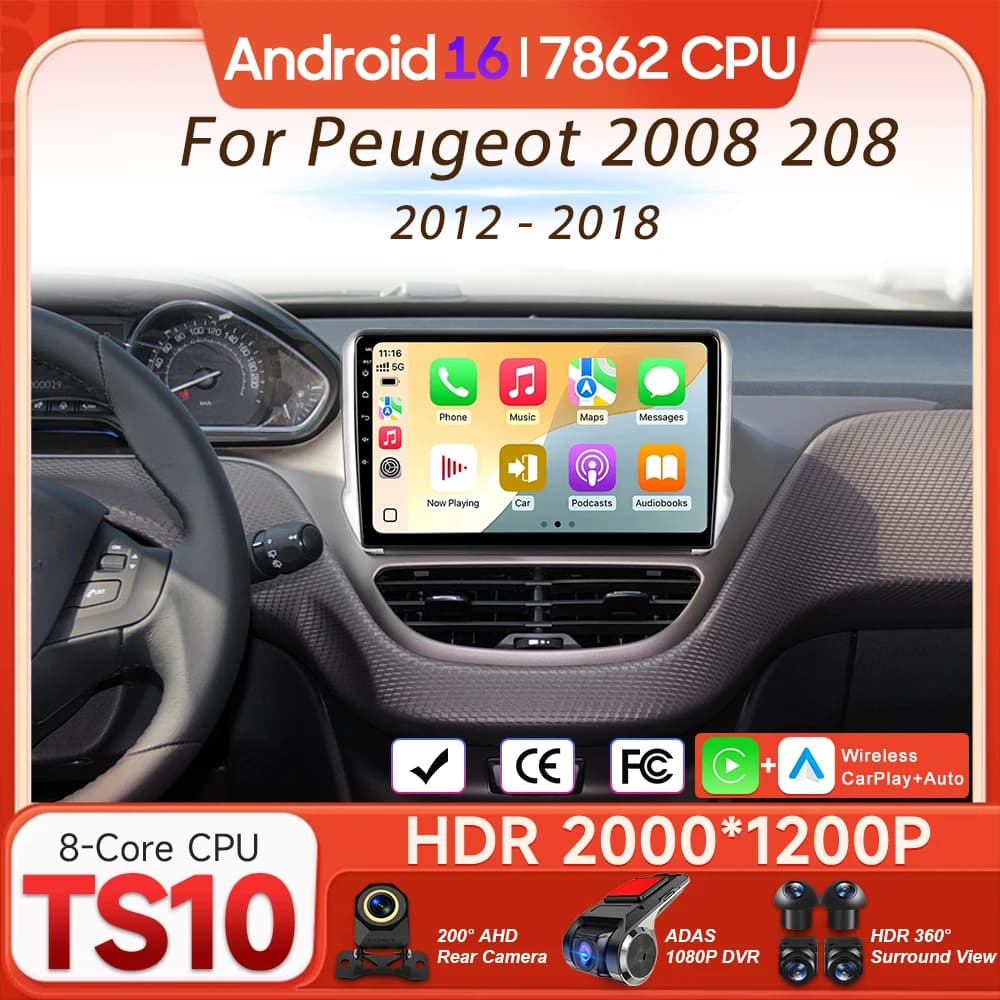 Schermo audio Android per Peugeot 2008 208 2012 - 2018 Autoradio Multimedia Video Player Carplay Auto 4G Wifi DSP Navigazione GPS