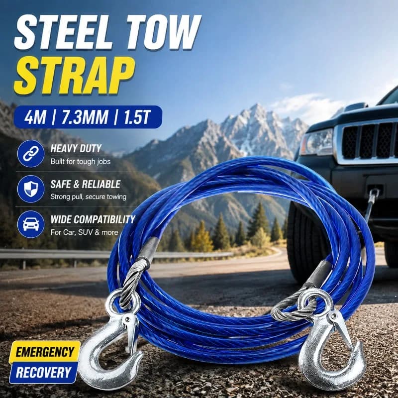 4M Steel‑wire Vehicle Tow Traction Rope Heavy‑duty Automobile Emergency Pulling Cable Sturdy Rescue Accessory Towing Stalled