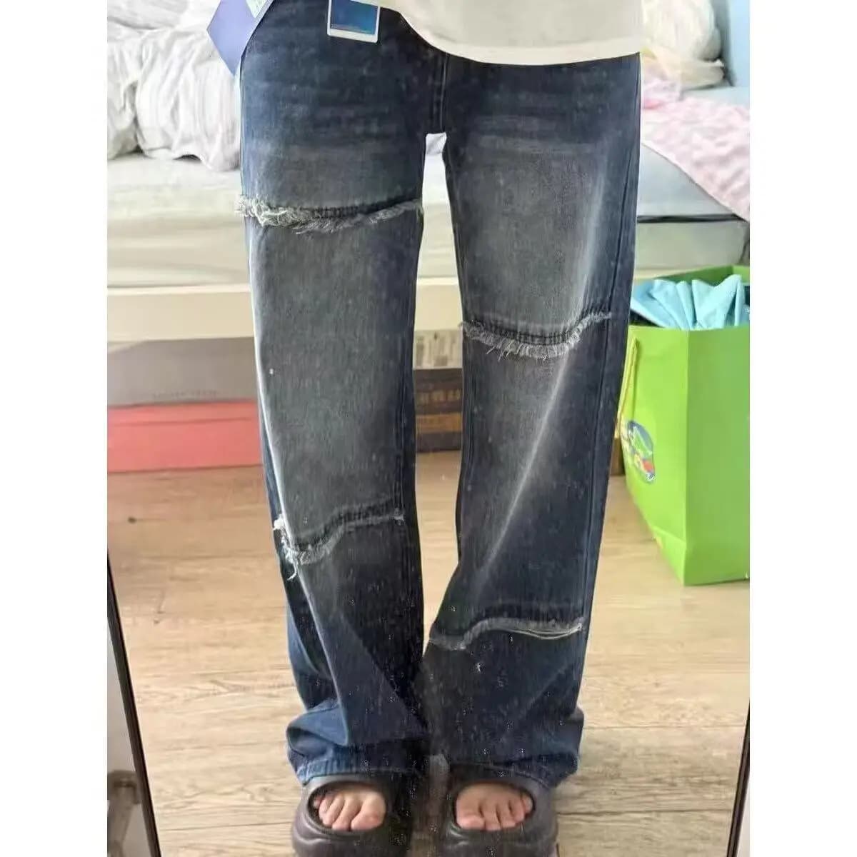 Jeans retro American Cleanfit adient Splicing Casual shorts wide straight for men and women Clothing Seasonal Spring Autumn