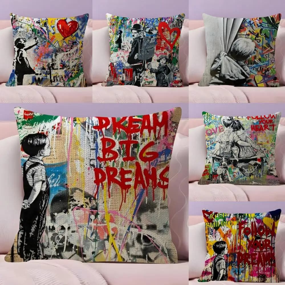 B-Banksy Street G-Graffiti Art Cushion Lining Natural Linen Organic Fabric Front-Retro Printing Sofa Home Decoration Gift Federation