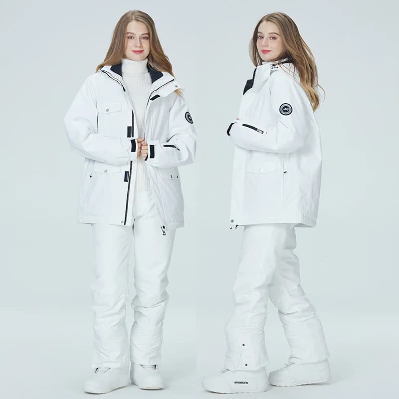 Tuta da sci bianca pura 10K per donna, set di abbigliamento da snowboard, giacca da sci antivento impermeabile pantaloni tuta da neve coppia invernale