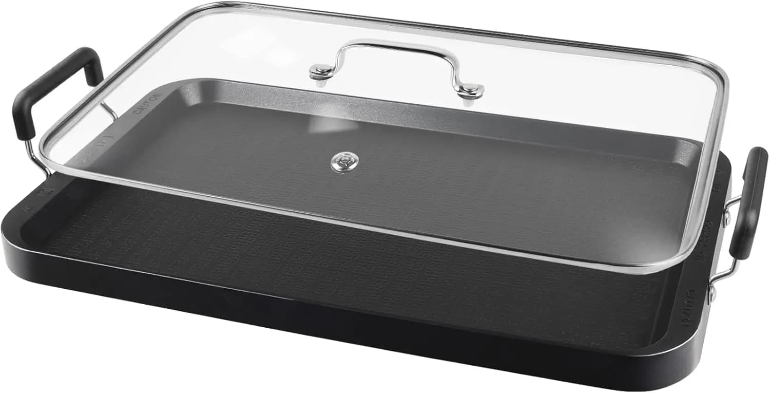 2 Fuochi Anti-stick Plate with Glass Cover for Gas and Vetroceramic Holes - Camping Grid for Pancake, Eggs