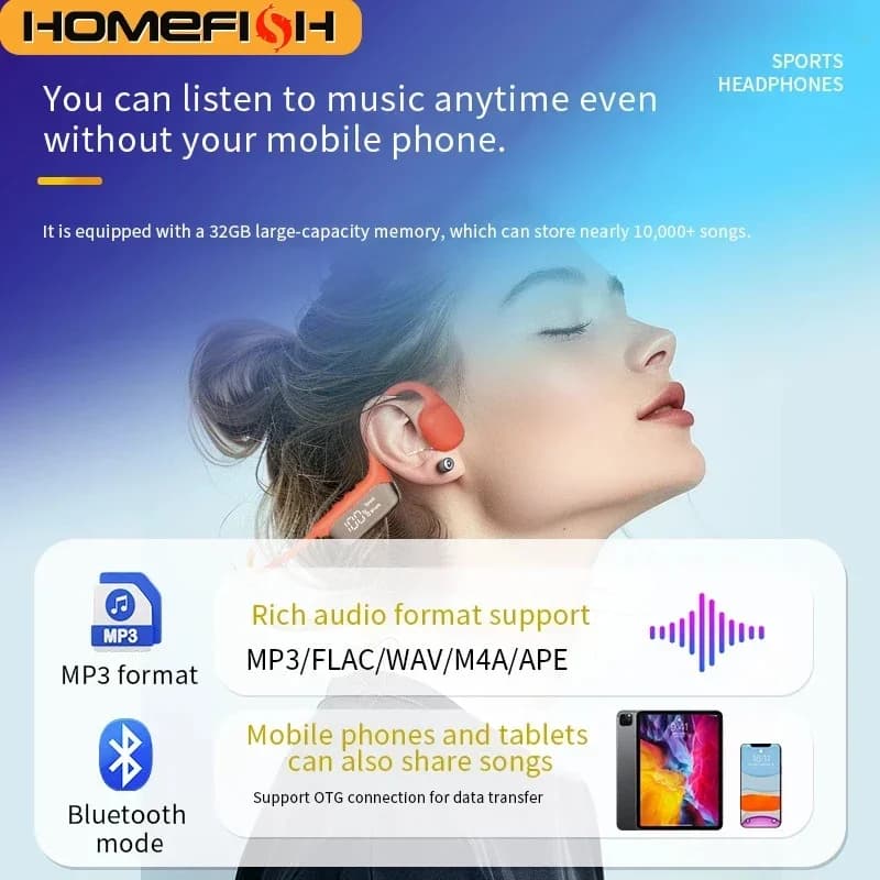 HOMEFISH S10 Cuffie a Conduzione Ossea Impermeabili IPX8, Cuffie Bluetooth Sportive Open-Ear con MP3 da 32GB, 72 Ore di Autonomia