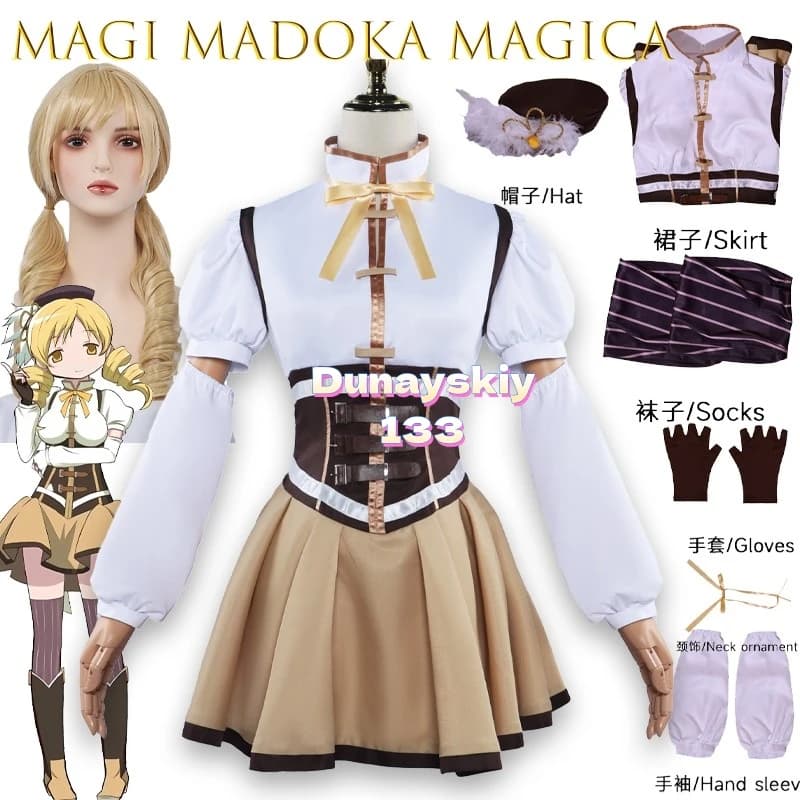 Puella Magi Madoka Magica Anime Tomoe Mami Costume Cosplay Wig Uniform Magic Girl Halloween Dress for Women
