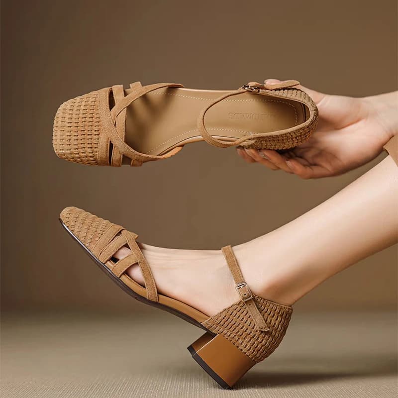 Women's high heel sandals 2025 summer beach shoes with square tip and casual ankle strap shoes with square heel with Roman closed tip
