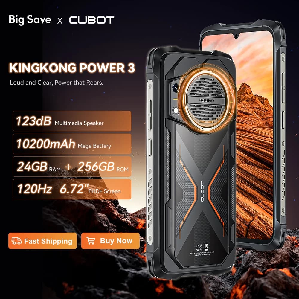 Cubot KingKong Power 3, smartphone Android 14, altoparlante da 123 dB, Helio G99, schermo da 6,72" a 120 Hz, RAM estesa fino a 24 GB, ROM da 256 GB, batteria da 10200 mAh, fotocamera da 100 MP, NFC