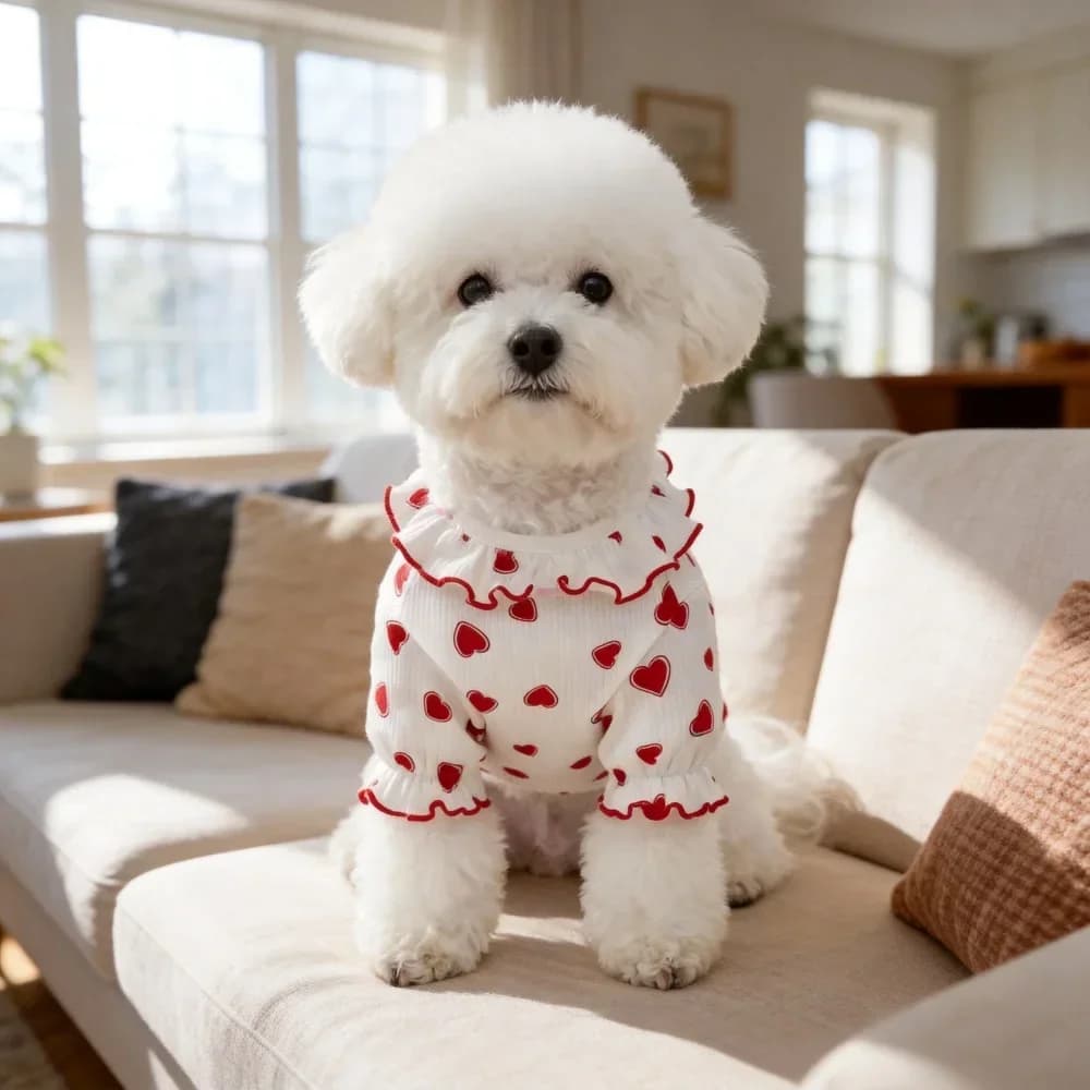 Maglietta per Cani con Stampa a Cuori e Bordo Arricciato, Morbida Camicia Estiva per Cuccioli di Piccola Taglia come Teddy e Bichon, Adorabile Abbigliamento per Animali Domestici per Passeggiate Quotidiane e Feste