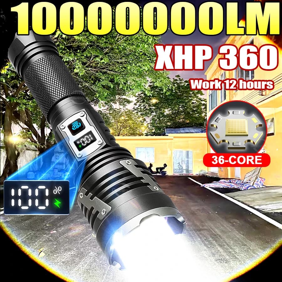 10000000LM Potente Torcia A LED Super Luminoso USB Ricaricabile Impermeabile Torcia Tattica di Campeggio Esterna Pesca Zoom Lanterne