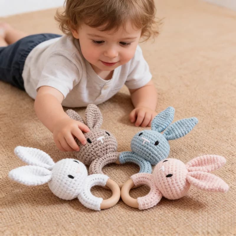 Sonaglio in legno per neonati, fatto a mano all'uncinetto, giocattolo sensoriale per neonati 0-3 mesi, sonaglio a forma di coniglio, regalo per neonati, accessori da viaggio