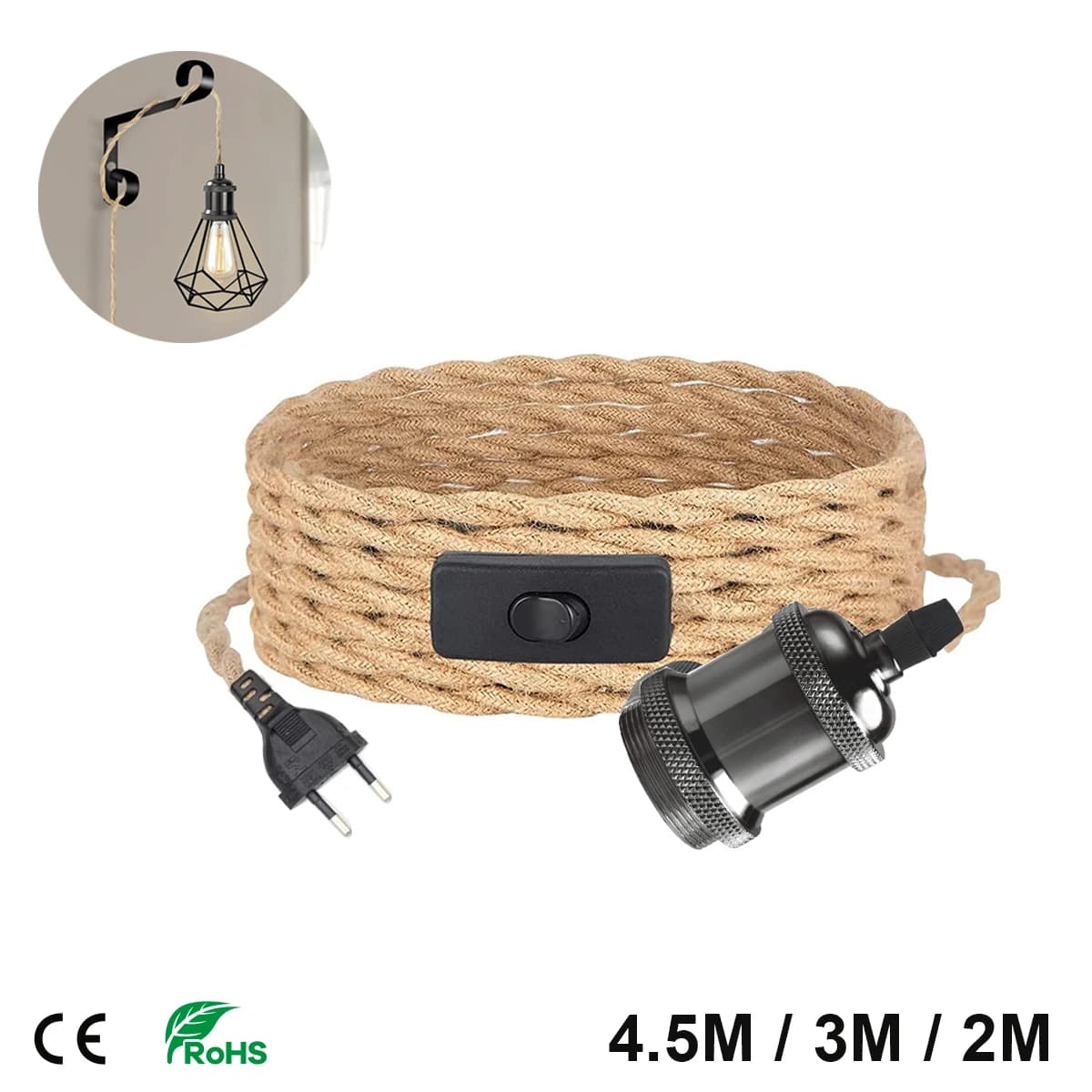 4.5M 3M Power Supply Cable Suspension Lamp Cable Torsion Cables in Hemp Corda E26 E27 EU Plug Portalampada with Cable Clamp Switch