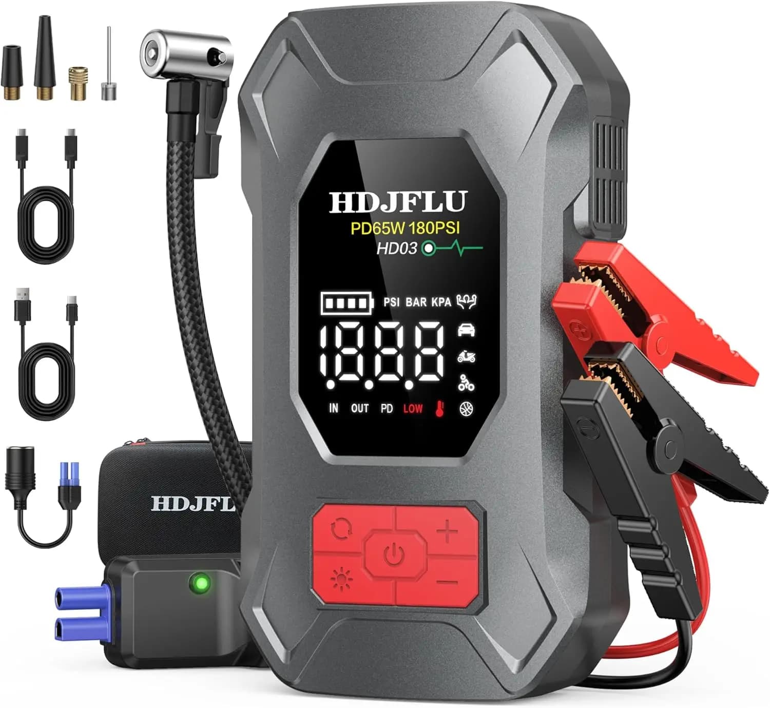 Avviatore d'Emergenza per Auto 7500A con Compressore d'Aria 180PSI, Batteria 24000mAh, Ricarica Rapida 65W, Gonfiatore Pneumatici Portatile 10-in-1