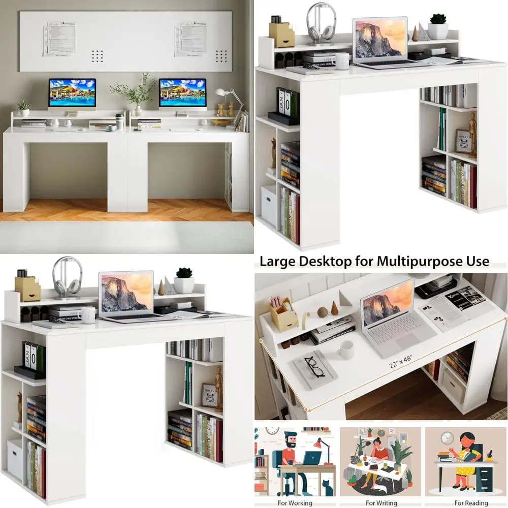 48 white office desk with storage space, two-tier library and monitor support, study desk with anti-rebalt kit
