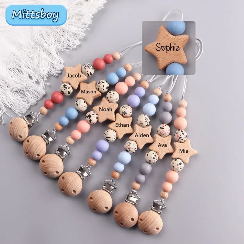 NUOVO nome personalizzato in legno personalizzato catena ciuccio per bambini perline di faggio manichino porta capezzoli guardia massaggiagengive ciondolo regalo per la madre appena nata