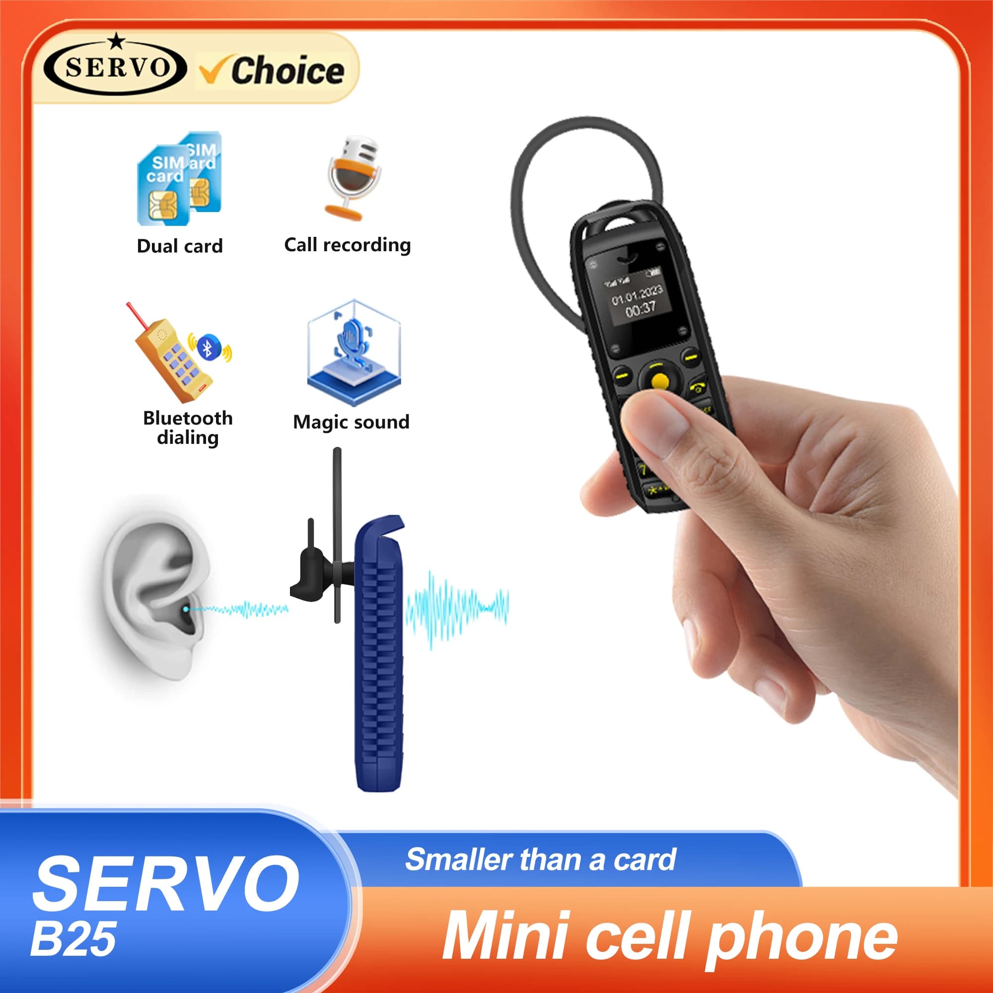 SERVO B25 Mini Feature cellulare Bluetooth composizione Blacklist più piccolo Backup 2 SIM telefono cellulare Super piccolo indossare intorno alle orecchie