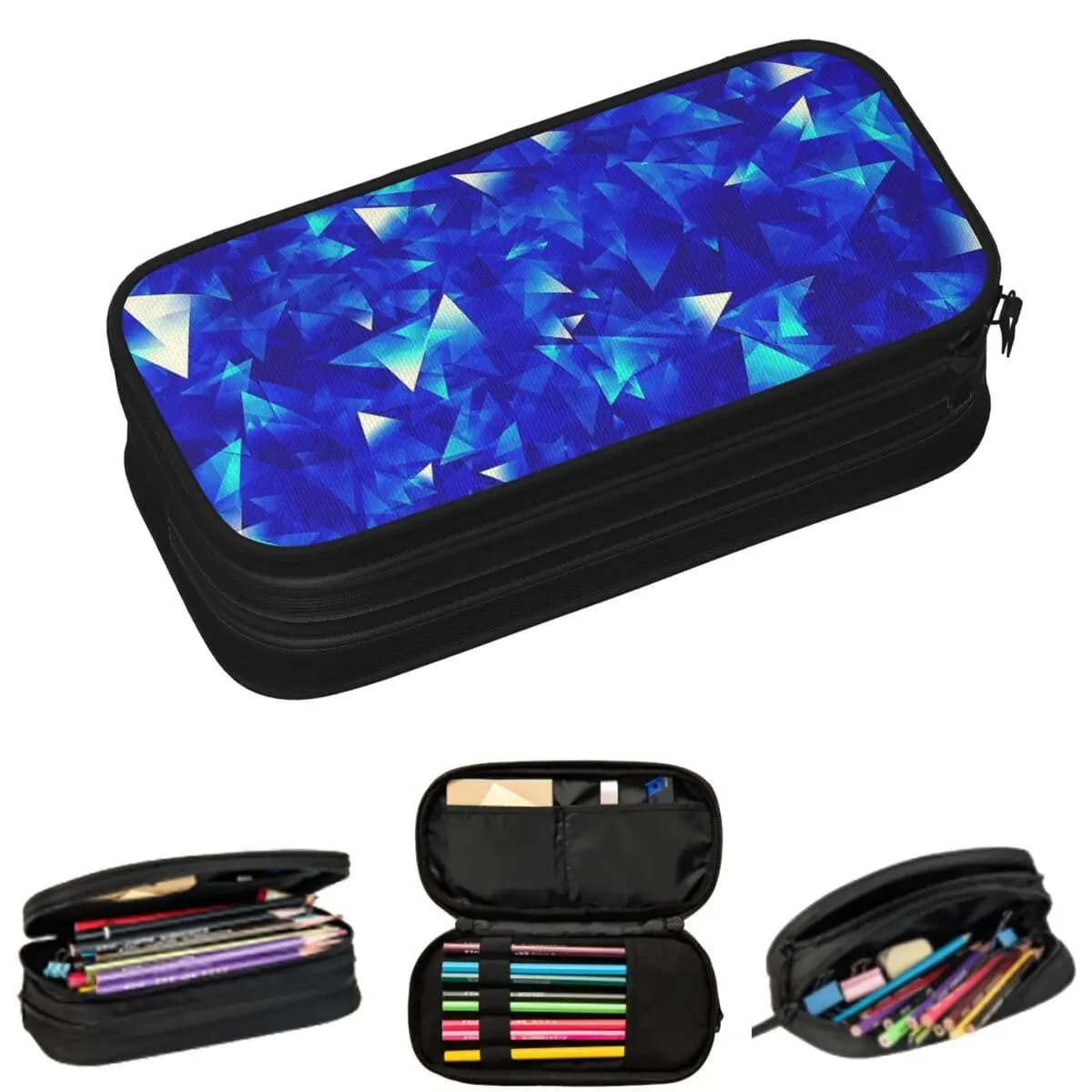 Astucci per matite geometrici con triangoli blu e diamanti lucidi, astucci per matite per studenti, astucci per penne, astucci per matite di grande capacità