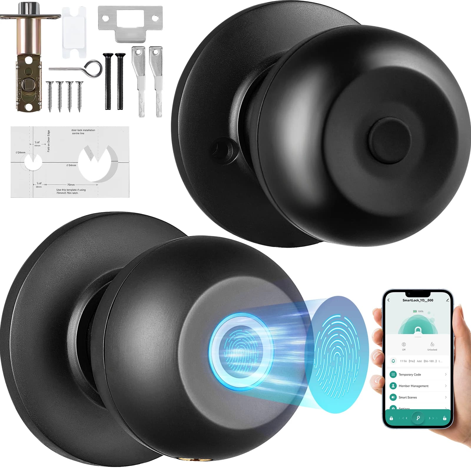 SucceBuy Maniglia per porta intelligente Serratura biometrica Smart Lock Bluetooth Smart Lock con impronta digitale con controllo APP Serratura di facile installazione