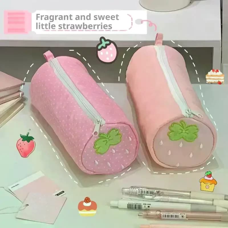 Astuccio per matite rosa a pois color fragola crema, cancelleria per studenti, borsa per il ritorno a scuola, materiale scolastico, regalo di cancelleria per penne